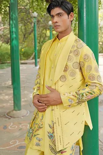Yellow embroidered silk blend kurta jacket set