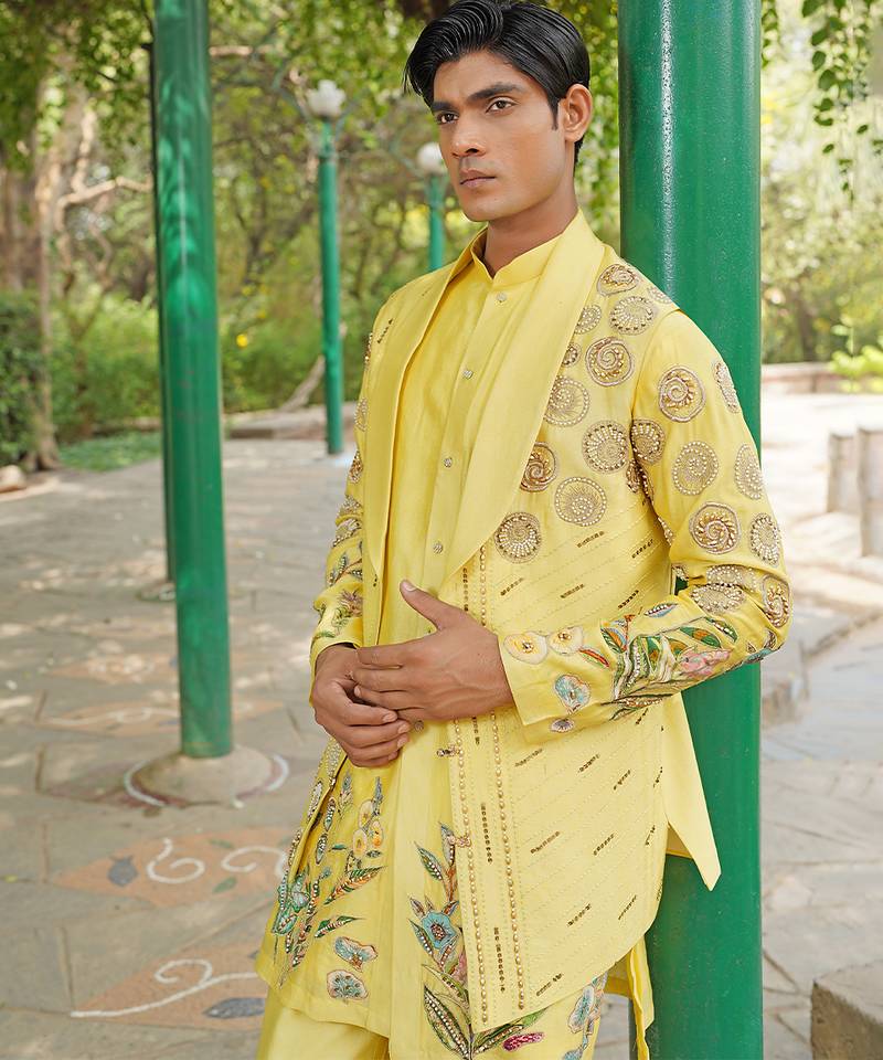 Yellow embroidered silk blend kurta jacket set