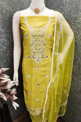 yellow embroidered glaze cotton unstitched dress material 