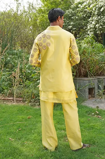 Yellow embroidered silk blend kurta jacket set