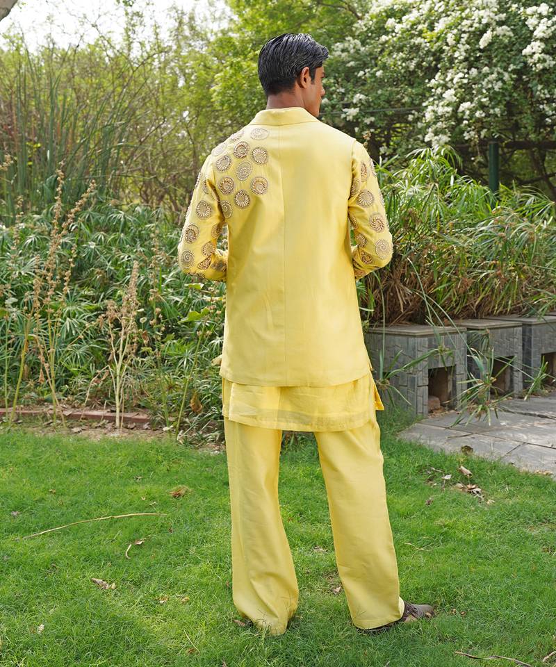 Yellow embroidered silk blend kurta jacket set