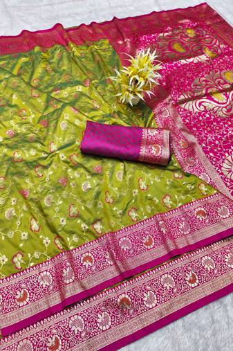 mehendi zari woven banarasi silk blend traditional saree with blouse piece