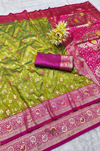 mehendi zari woven banarasi silk blend traditional saree with blouse piece