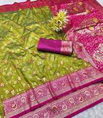 mehendi zari woven banarasi silk blend traditional saree with blouse piece
