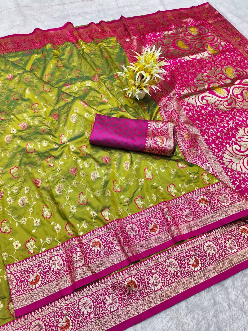 mehendi zari woven banarasi silk blend traditional saree with blouse piece