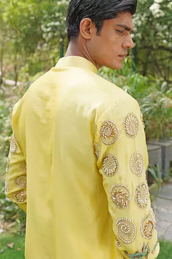 Yellow embroidered silk blend kurta jacket set