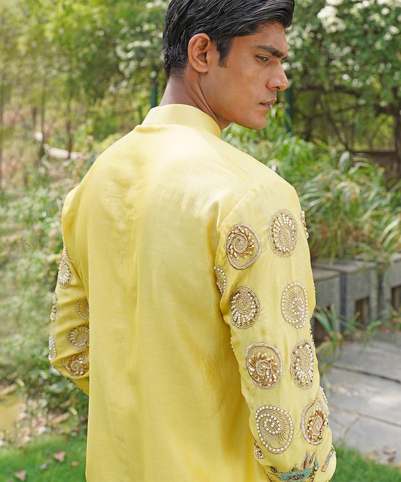 Yellow embroidered silk blend kurta jacket set