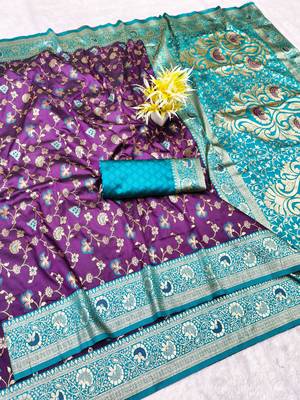 wine zari woven banarasi silk blend traditional saree with blouse piece 1