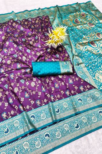 wine zari woven banarasi silk blend traditional saree with blouse piece