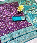 wine zari woven banarasi silk blend traditional saree with blouse piece