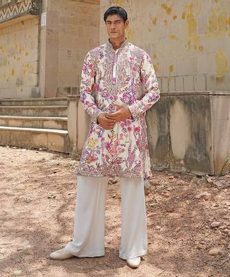 Off white pink embroidered silk blend kurta set 1