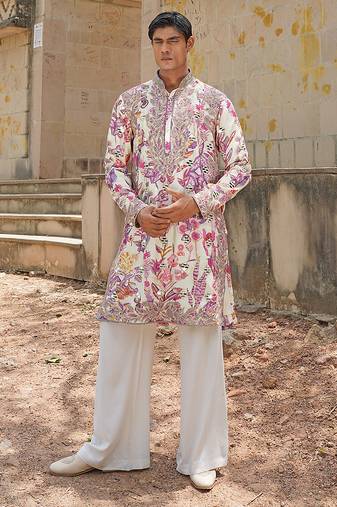 Off white pink embroidered silk blend kurta set