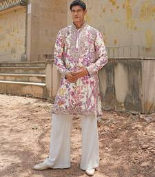 Off white pink embroidered silk blend kurta set
