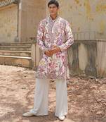 Off white pink embroidered silk blend kurta set