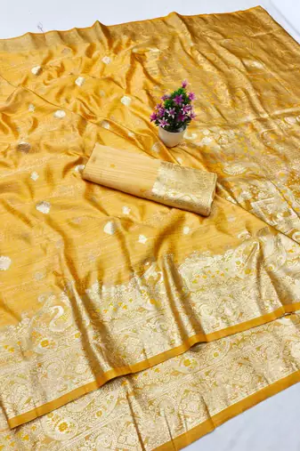 gold zari woven banarasi satin silk blend traditional saree with blouse piece