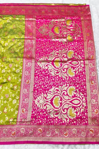 mehendi zari woven banarasi silk blend traditional saree with blouse piece