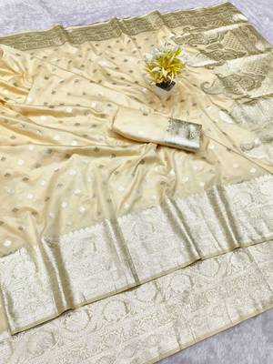 cream zari woven banarasi silk blend traditional saree with blouse piece 1
