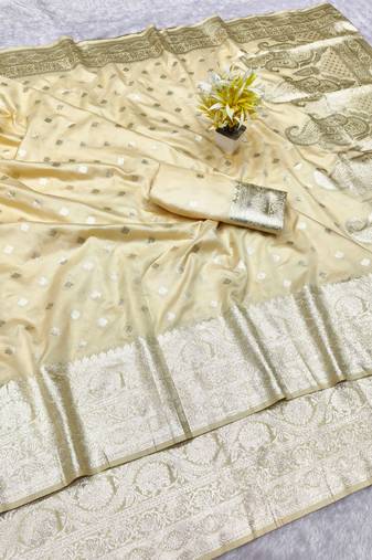 cream zari woven banarasi silk blend traditional saree with blouse piece
