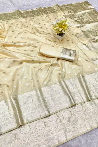 cream zari woven banarasi silk blend traditional saree with blouse piece