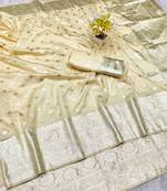 cream zari woven banarasi silk blend traditional saree with blouse piece