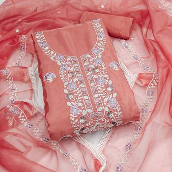 peach embroidered glaze cotton unstitched dress material  1