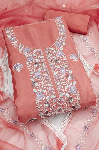 peach embroidered glaze cotton unstitched dress material 
