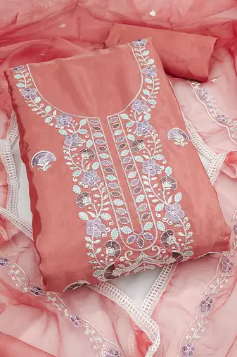 peach embroidered glaze cotton unstitched dress material 