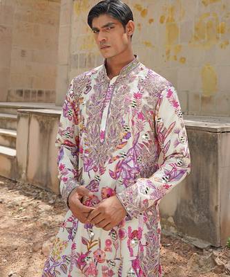 Off white pink embroidered silk blend kurta set 2