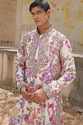Off white pink embroidered silk blend kurta set