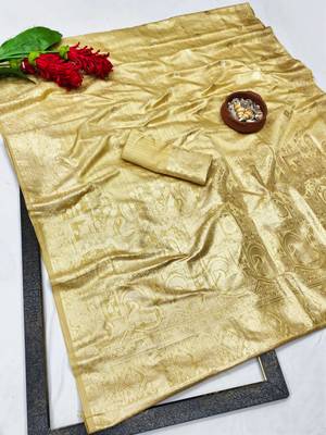 cream zari woven banarasi satin silk blend traditional saree with blouse piece 1