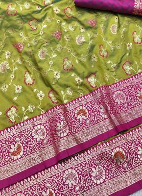 mehendi zari woven banarasi silk blend traditional saree with blouse piece 3
