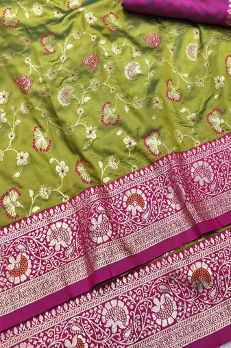 mehendi zari woven banarasi silk blend traditional saree with blouse piece