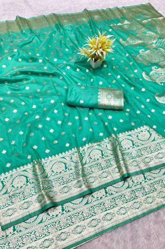 blue zari woven banarasi silk blend traditional saree with blouse piece