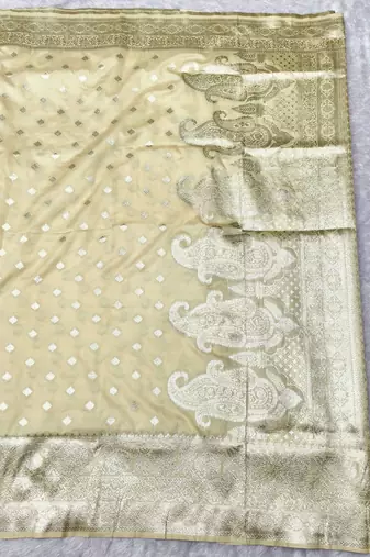 cream zari woven banarasi silk blend traditional saree with blouse piece