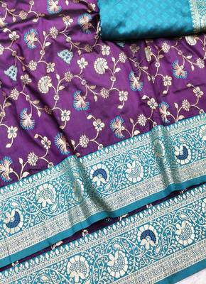 wine zari woven banarasi silk blend traditional saree with blouse piece 3