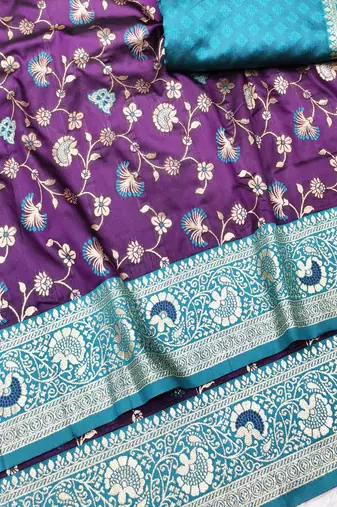 wine zari woven banarasi silk blend traditional saree with blouse piece