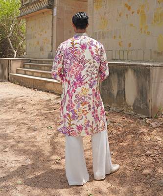 Off white pink embroidered silk blend kurta set 3