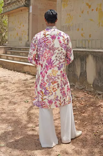 Off white pink embroidered silk blend kurta set