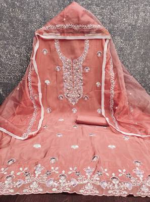 peach embroidered glaze cotton unstitched dress material  2
