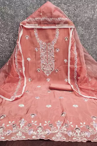 peach embroidered glaze cotton unstitched dress material 