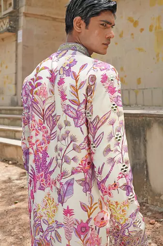 Off white pink embroidered silk blend kurta set