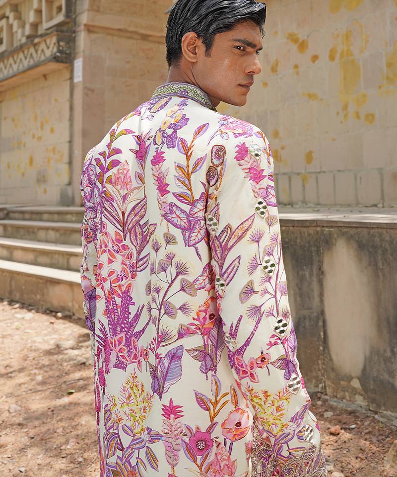 Off white pink embroidered silk blend kurta set