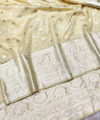 cream zari woven banarasi silk blend traditional saree with blouse piece 3