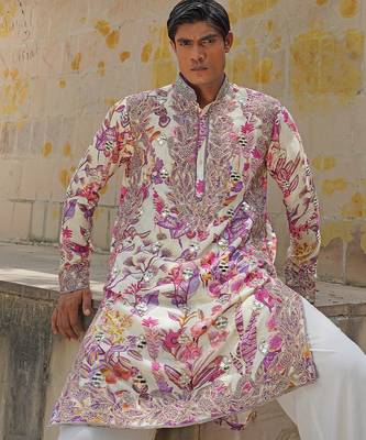 Off white pink embroidered silk blend kurta set 5