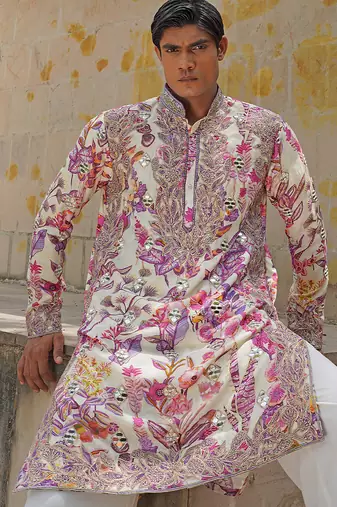 Off white pink embroidered silk blend kurta set