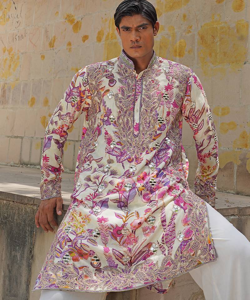 Off white pink embroidered silk blend kurta set