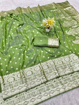mehendi zari woven banarasi silk blend traditional saree with blouse piece 1