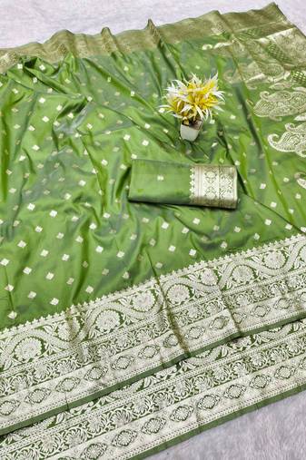 mehendi zari woven banarasi silk blend traditional saree with blouse piece