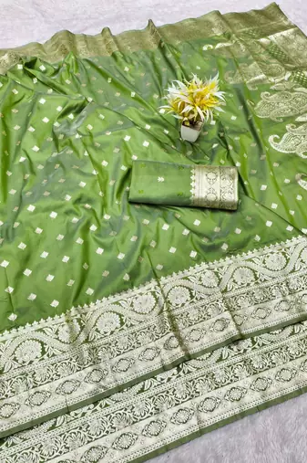 mehendi zari woven banarasi silk blend traditional saree with blouse piece
