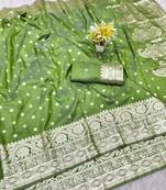 mehendi zari woven banarasi silk blend traditional saree with blouse piece